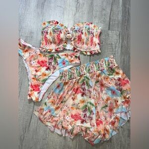 Amazon Multicolor Floral Bikini strapless with high waisted bottom and shorts